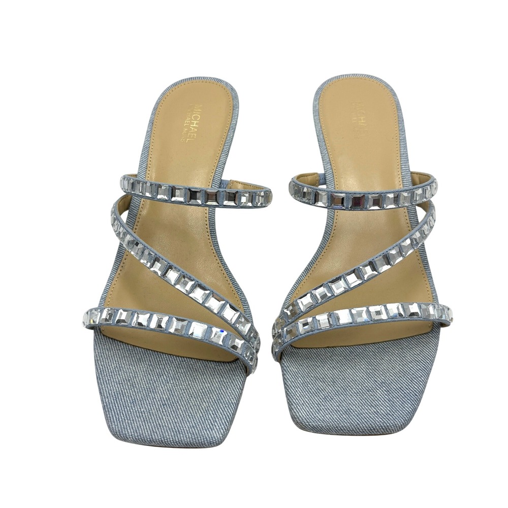 Michael Kors Celia Kitten Slide 9M Blue Haze Rhinestone Denim Heel Sandals